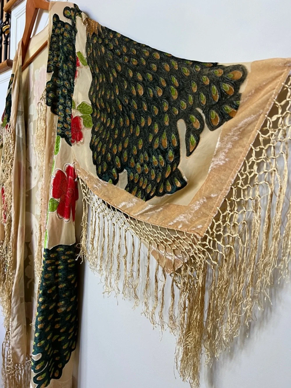 Peacock Burnout Velvet Fringe Kimono Robe Boho Festival BeigeTeal Silk Duster OS - Picture 3 of 14